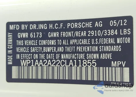 2012 Porsche Cayenne z USA, uszkodzony, nr VIN WP1AA2A22CLA11855